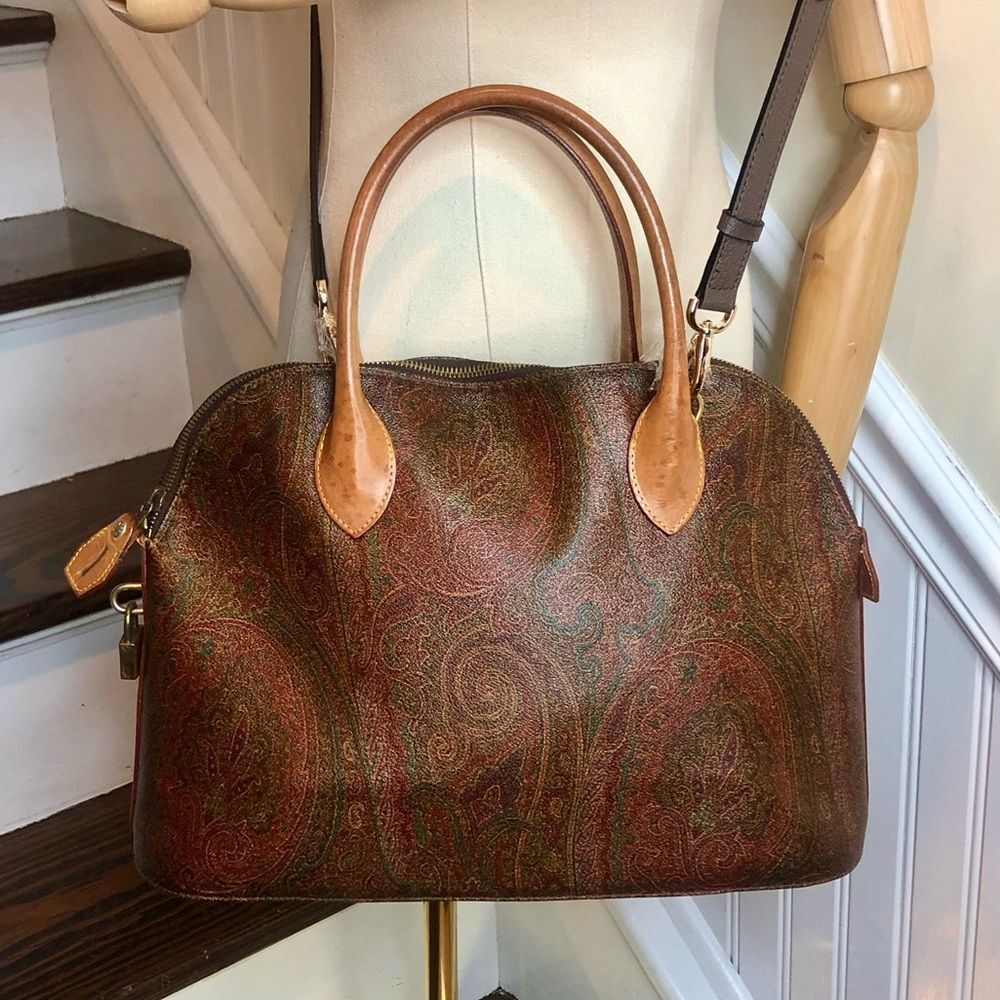 ETRO MILANO Red Paisley Top Zipper Dome Shaped Hand Bag